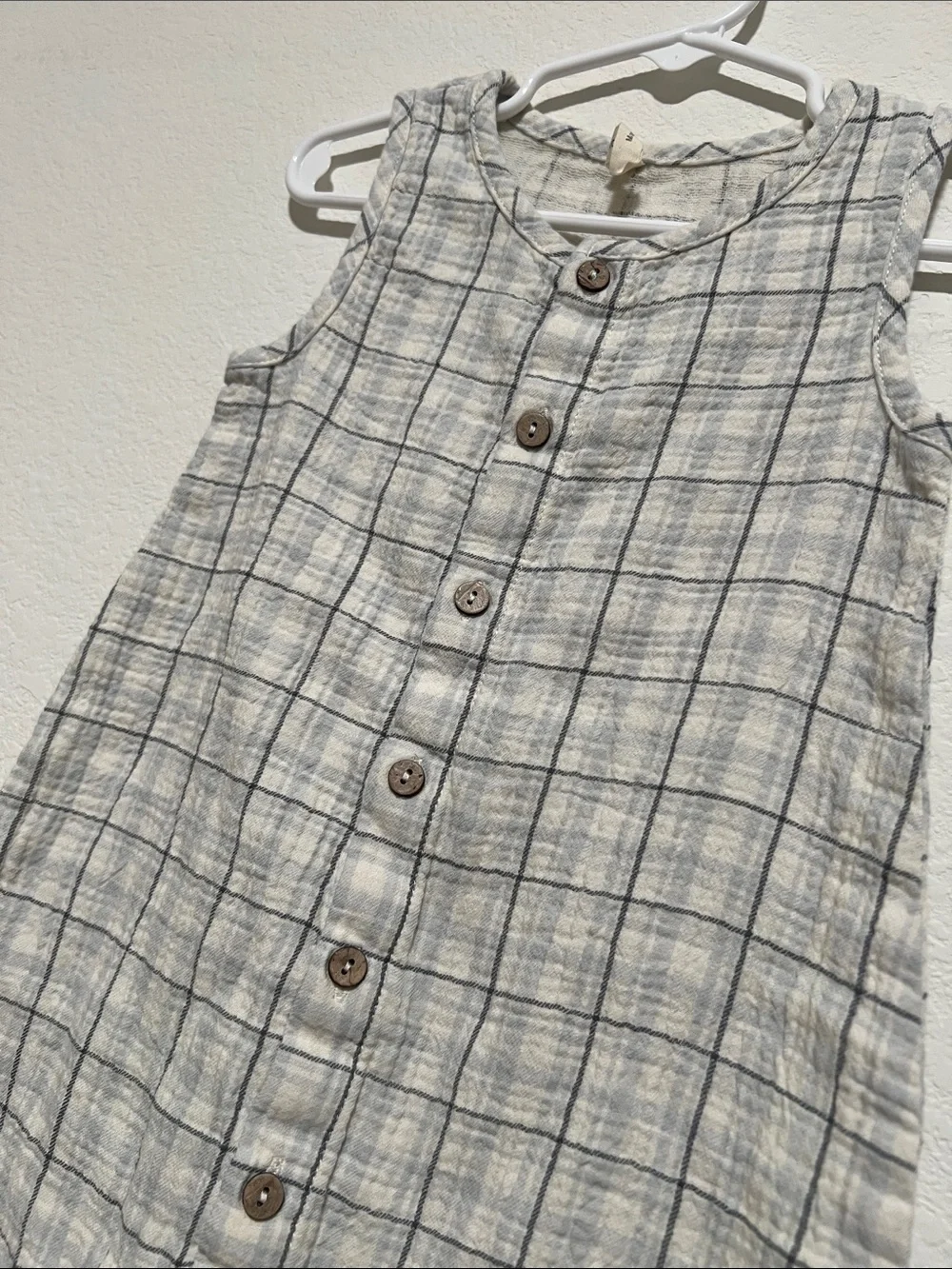 Quincy Mae 18-24 mos Light Gray Plaid Button Romper organic cotton